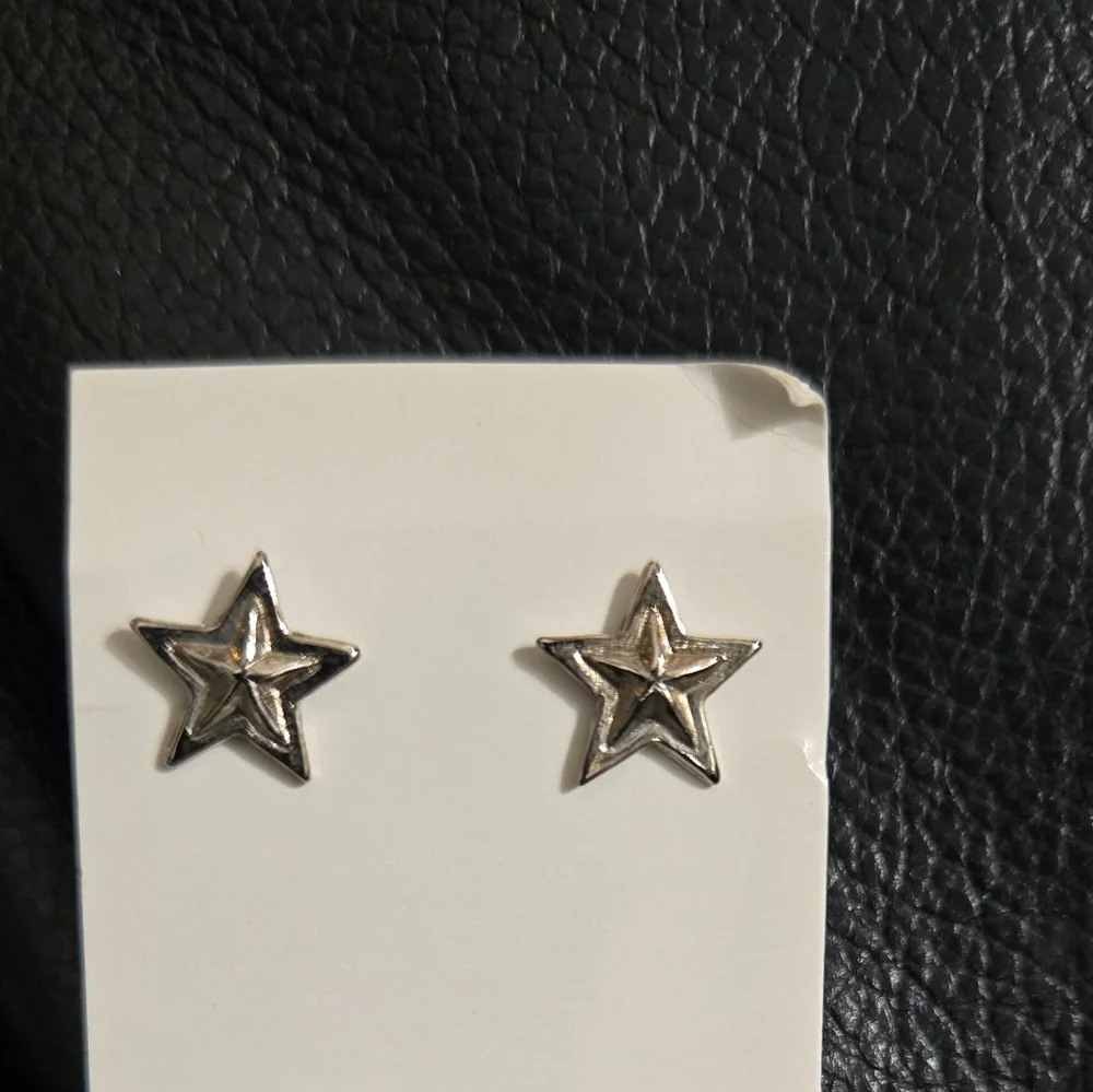 Sterling Silver Double Star Earrings Studs - Picture 3 of 5